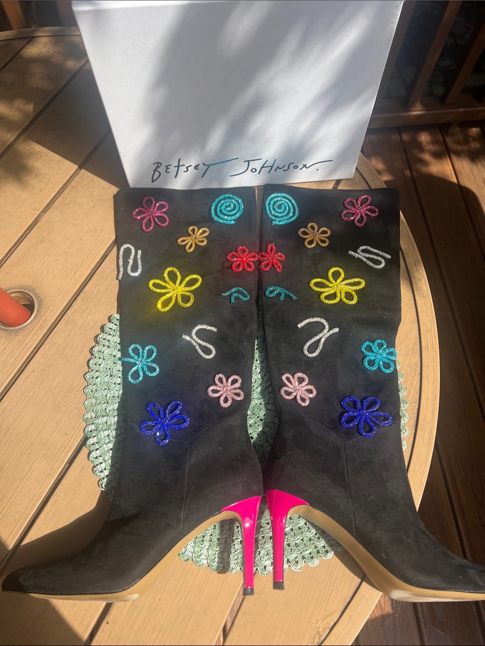 Worn 1x Betsey Johnson Gallant boots with colorful floral design. Heel 3.5”